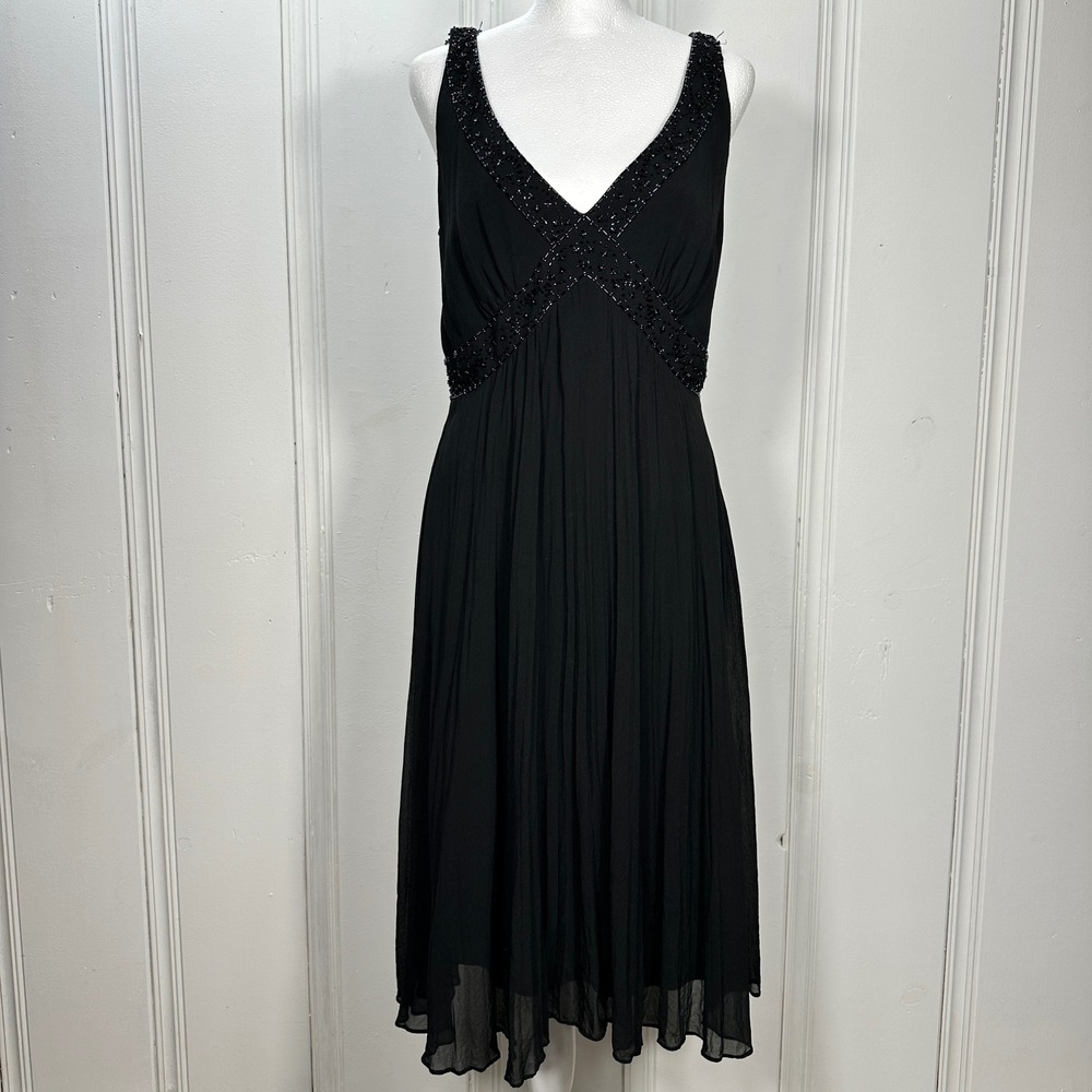 Jones New York Dress Womens 12 Black Excellent Silk Beaded Empire Waist Midi
